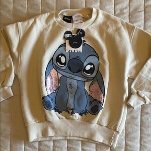 NWT Zara x Disney Stitch Cream/Blue Crewneck with Sequins Sweater Girls 4-5